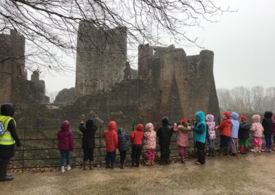 Admiring the size of the castle and moat.